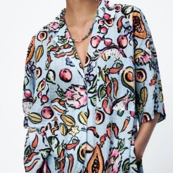 Zara Fruit Printed Oversized Button Front Multicolored Shirt/Blouse/Top NWT S - Picture 1 of 1